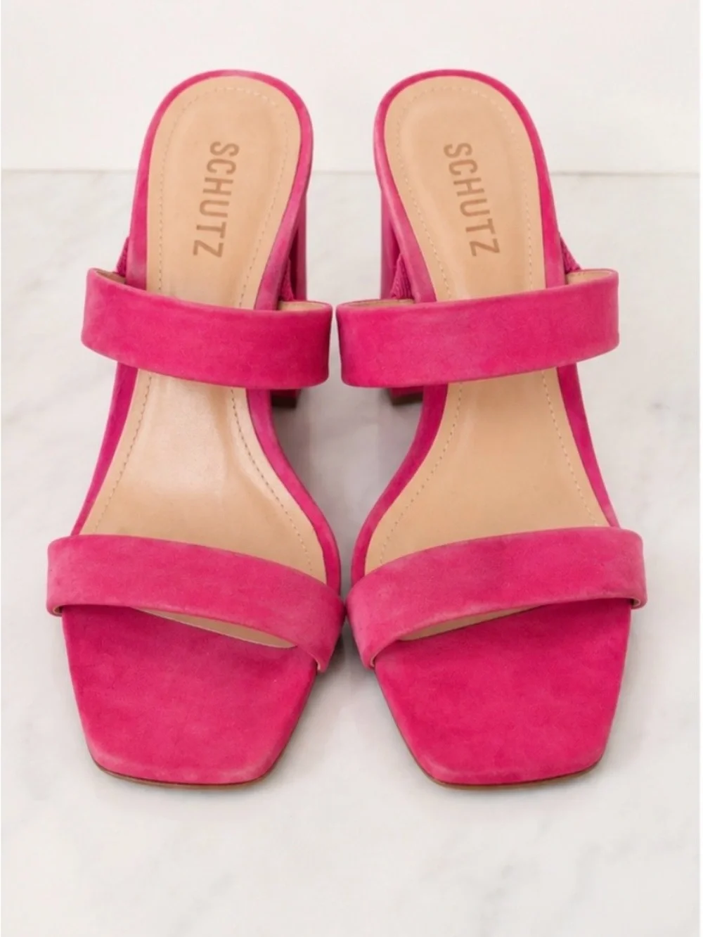 SCHUTZ Hot Pink Suede Double-Strap Block Heel Sandals